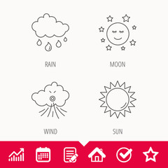 Weather, sun and rain icons. Moon night and wind linear signs. Edit document, Calendar and Graph chart signs. Star, Check and House web icons. Vector