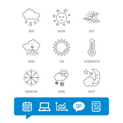 Weather, sun and rain icons. Moon night, clouds and mist linear signs. Wind and snowflakes flat line icons. Report file, Graph chart and Chat speech bubble signs. Laptop and Calendar web icons. Vector