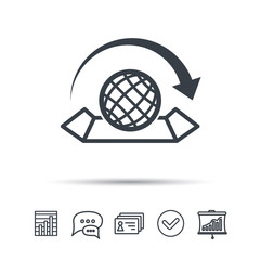 World map icon. Globe with arrow sign. Travel location symbol. Chat speech bubble, chart and presentation signs. Contacts and tick web icons. Vector