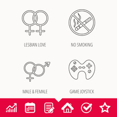 No smoking, couple and game joystick icons. Male, female and lesbian love linear signs. Edit document, Calendar and Graph chart signs. Star, Check and House web icons. Vector