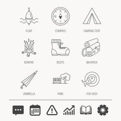 Fototapeta premium Park, fishing float and hiking boots icons. Compass, umbrella and bonfire linear signs. Camping tent, fish dish and tree icons. Education book, Graph chart and Chat signs. Vector