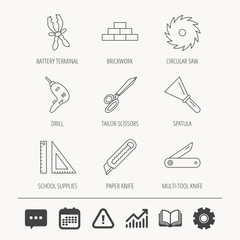 Paper knife, spatula and scissors icons. Circular saw, brickwork and drill tool linear signs. Multi-tool knife, rulers icons. Education book, Graph chart and Chat signs. Vector