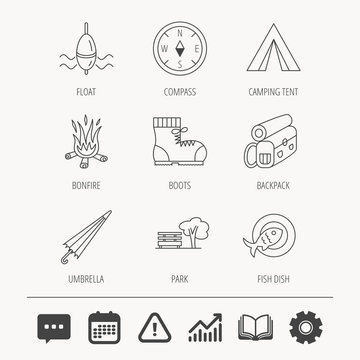 Park, fishing float and hiking boots icons. Compass, umbrella and bonfire linear signs. Camping tent, fish dish and tree icons. Education book, Graph chart and Chat signs. Vector