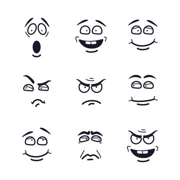  cartoon faces with expressions. Emotion set. Scared, happy, smiling, skeptical, ungry, pensive, embarrassed, upset, insidious