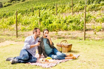 Full length of couple having wine at vineyard