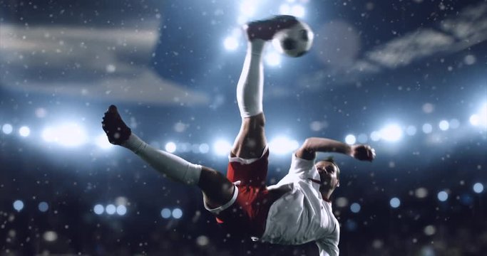4k footage of a soccer player in dramatic play during a soccer game on a professional outdoor soccer stadium. Players wear unbranded uniform. Stadium and crowd are made in 3D.