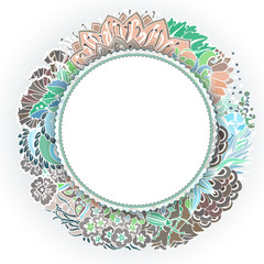 Floral round frame for banner. Boho style pattern with leaves, waves, flowers. Abstract vector design.