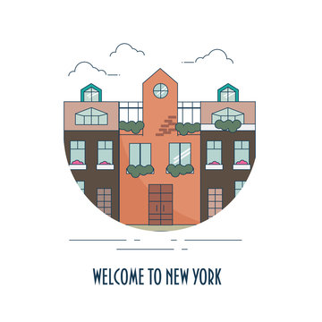 Old New York urban cityscape made in a line art style and text "Welcome to New York".