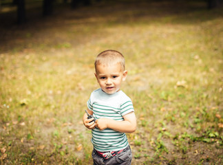 A little boy walks in the park in the summer.