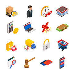 Electronic commerce isometric icon set with gadgets for buying on internet and shopping symbols