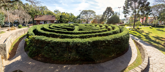 Panoramic view of Green Labyrinth Hedge Maze (Labirinto Verde) at Main Square - Nova Petropolis, Rio Grande do Sul, Brazil