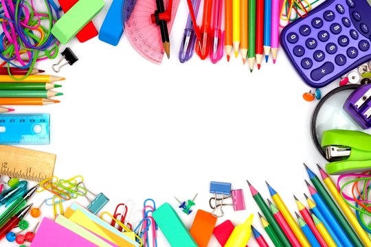 Colorful school supplies frame against a white background