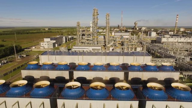 the cooling fans and units for nitric acid production on fertilizer plant. Aerial view