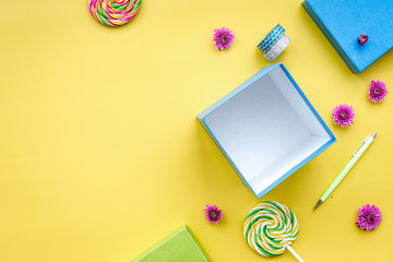 wrapping gifts in box for holiday top view mock up