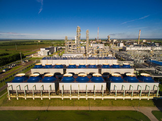 the cooling fans and units for nitric acid production on fertilizer plant. Aerial view