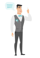 Young caucasian groom with speech bubble.