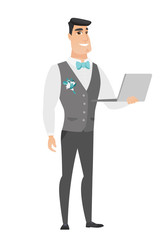 Groom using laptop vector illustration.