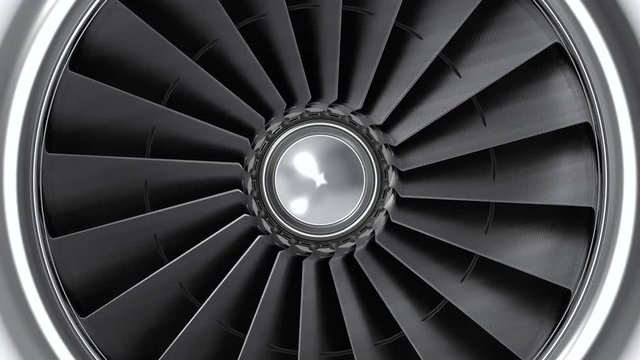 3d rendering. close up on animation of aircraft plane or jet engine blades fan rotation.
