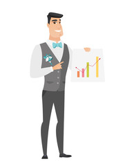 Caucasian groom showing financial chart.