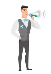 Fototapeta premium Caucasian groom talking into loudspeaker.