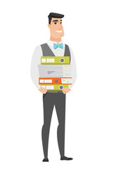 Groom holding pile of folders.