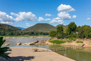 Wooden bridge over Nam khan rive in Luang Prabang, Laos