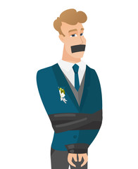 Young caucasian groom tied up with rope.