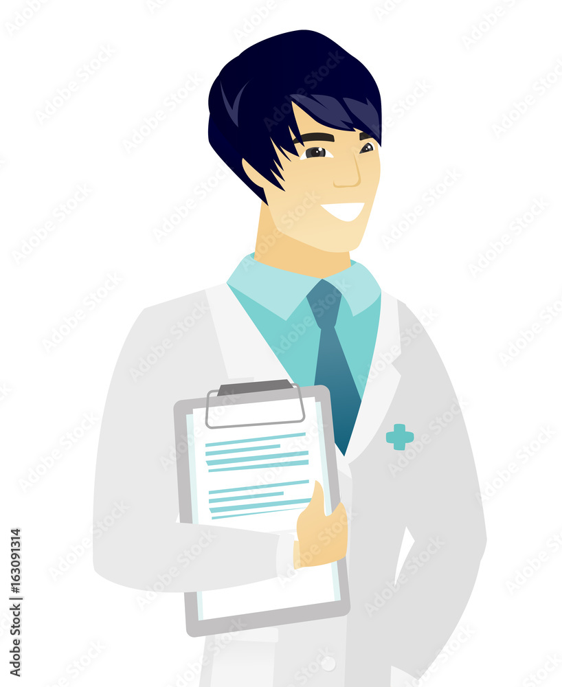 Wall mural asian doctor holding clipboard with documents.