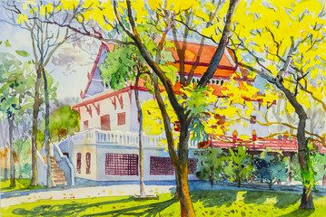 Watercolor painting yellow, orange color of golden tree flowers