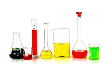 Chemical flasks with reagents isolated on white background