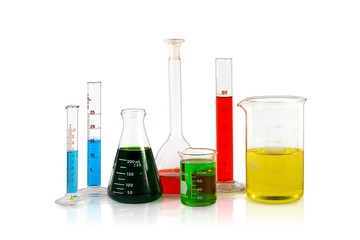 Chemical flasks with reagents isolated on white background