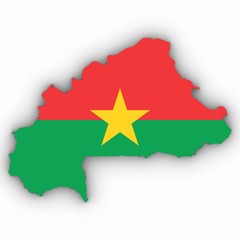 Burkina Faso Map Outline with Burkinabe Flag on White with Shadows 3D Illustration