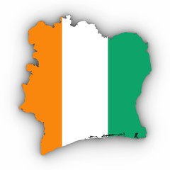 Cote d'Ivoire Map Outline with Ivorian Flag on White with Shadows 3D Illustration