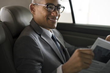 Businessman Sit Read Newspaper Inside Car