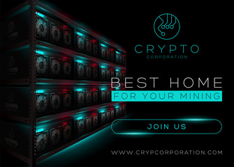 Detailed Vector Illustration of Bitcoin Mining Farm in Dark Room. Rack of Glowing Mining Computers.