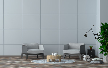 interior design and simple furniture set 3D illustration modern interior design with gray armchair in Office room.