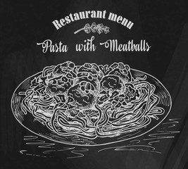 beautiful hand drawing pasta with meatballs with tomato sauce. Restaurant menu on the chalkboard background - 163095970