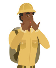 Shoked african-american traveler covering mouth.