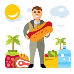 Vector Happy hipster man with hot dog. Flat style colorful Cartoon illustration.