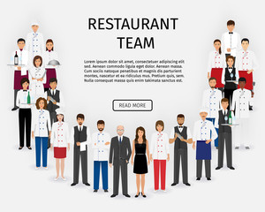 Hotel restaurant team. Group of catering service characters standing in uniform. Food service staff website banner.