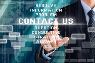 Businessman hand touching CONTACT US sign on virtual screen