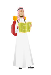 Muslim traveler with backpack looking at map.