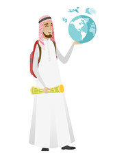 Fototapeta premium Muslim traveler man holding map and globe.