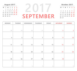 calendar planner for september2017 starts monday, vector calendar design 2017 year