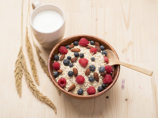 Healthy breakfast ingredients on wood table, Healthy food concept