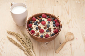Healthy breakfast ingredients on wood table, Healthy food concept