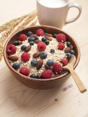 Healthy breakfast ingredients on wood table, Healthy food concept