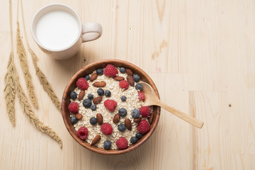 Healthy breakfast ingredients on wood table, Healthy food concept