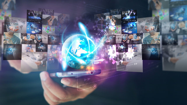 Businessman holding glowing globe with Social media icons. - Powered by Adobe