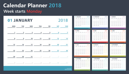 Calendar planner 2018, week starts monday, vector design template